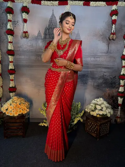 A full-length shot of the red Kanchivaram bridal look. The pleats are perfectly fanned out, and the pallu is draped elegantly over the arm.