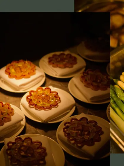 A collage showing intricately plated appetizers from the 'Modern Luxury' dinner.