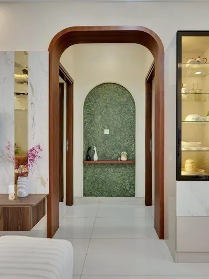 The view through the arched passage, showing how we use texture and shape to create depth and interest in corridors.
