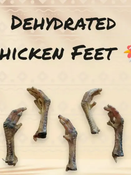 These are my signature dehydrated chicken feet. They are a fantastic natural source of glucosamine, which helps support joint health in dogs.