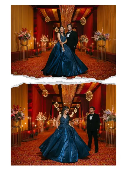 A creative diptych of the couple, with a torn paper effect. This artistic edit adds a unique touch to their beautiful ring ceremony portraits.