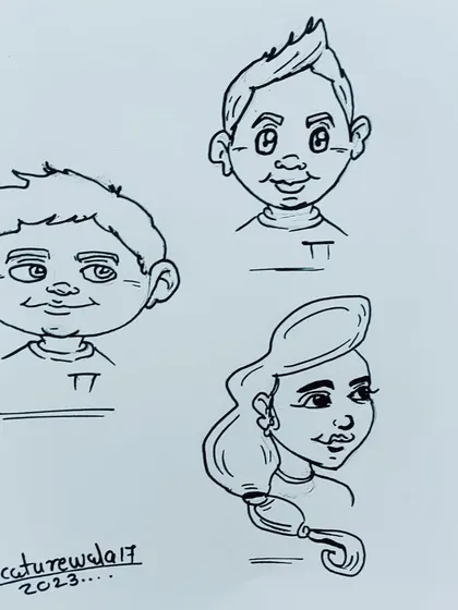 Here are the finished ink versions of the character sketches. You can see how the rough pencil ideas are refined into clean, confident caricatures with bold outlines.
