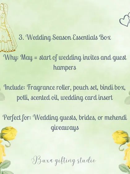 A "Wedding Season Essentials Box" idea for May, including a fragrance roller, bindi box, and other items perfect for wedding guests or bridesmaids.