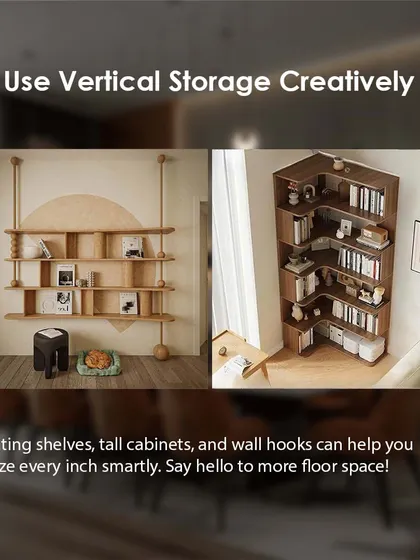 An infographic demonstrating creative vertical storage solutions, such as floating shelves and corner bookcases, to maximize floor space.
