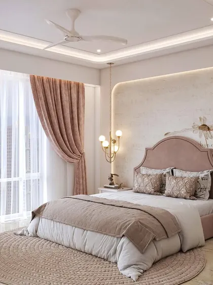 A 3D render of a daughter's bedroom with dreamy Victorian vibes. The design features a soft color palette of blush pinks, an ornate dressing console, and rich velvet upholstery.