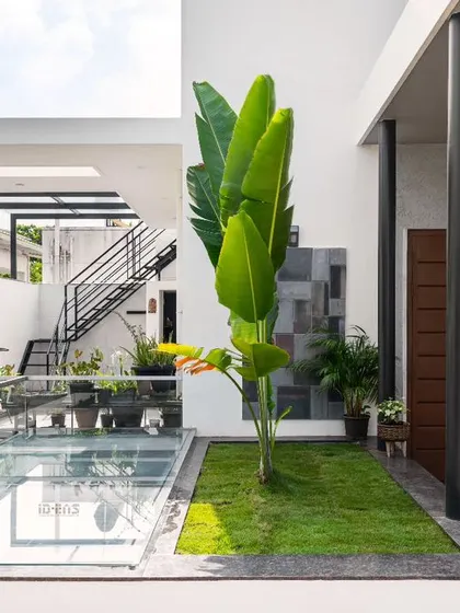 This courtyard in the Prakash Reddy Residence is a perfect example of our indoor-outdoor integration. The glass skylight over the water feature allows light to penetrate deep into the lower levels, while the open-air seating area acts as a private, green lung for the home.