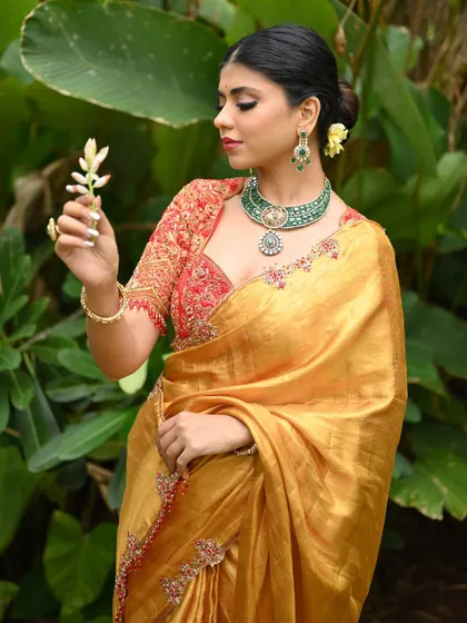 A close-up of the golden Kanjivaram saree, showing the beautiful contrast with the red blouse and the intricate jewelry.