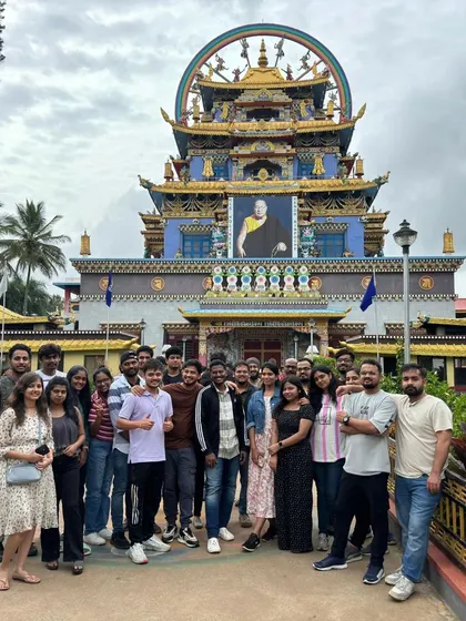A full group picture at the magnificent Namdroling Monastery in Coorg, a highlight for many of our travelers.