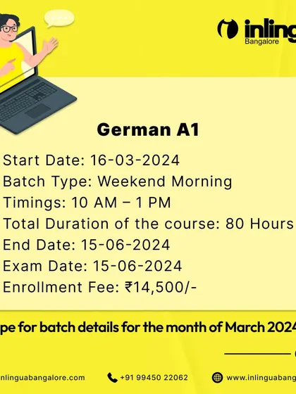 Here are the details for our German A1 weekend morning batch starting March 16th. This 80-hour course is ideal for students or professionals with busy weekdays.