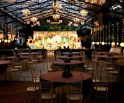 This indoor reception was transformed into an enchanted garden. I used hanging chandeliers, cascading fairy lights, and whimsical butterfly accents to create a magical, immersive experience for an evening of celebration.
