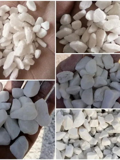 A collage showing various sizes of white unpolished pebbles and chips that I supply.