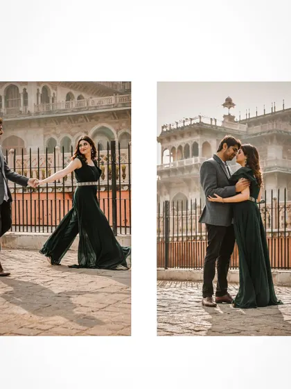 A collage of moments from a pre-wedding shoot in Jaipur, telling a small story.