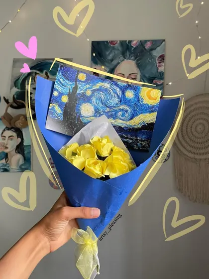 A beautiful bouquet I created with yellow roses and a custom Starry Night art card.