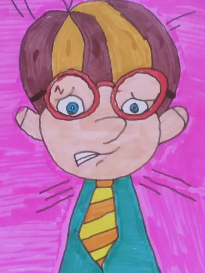 This drawing shows a character with a worried or anxious expression. We guide students on how to draw different facial features to convey a wide range of emotions in their cartoons.