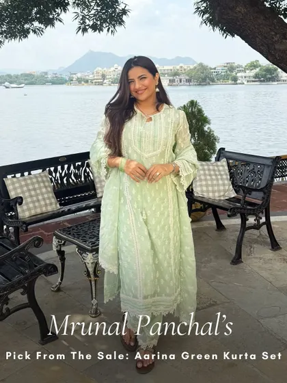 Influencer Mrunal Panchal looking so fresh in my Aarina Green Kurta Set. The pastel green and white lace are perfect for a daytime event.