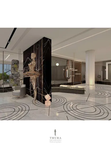 We believe hallways should be grand. Here, we designed a custom circular inlay pattern for the marble floor, which is complemented by a dramatic sculptural partition and a casual seating bench.