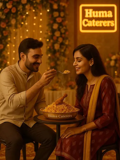 We believe food is a love language. Here, we see a moment of shared joy over a bowl of our signature biryani, capturing the warmth and connection we aim to create at every event we cater.