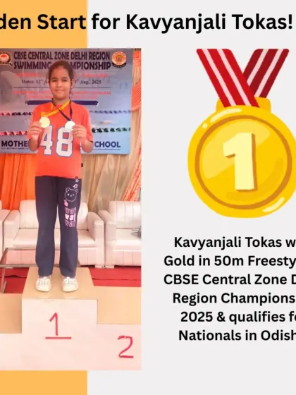 Kavyanjali Tokas on the top of the podium after winning Gold in the 50m Freestyle at the CBSE Central Zone Delhi Region Championship, securing her spot at the Nationals.
