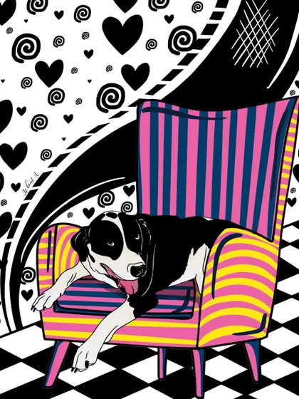 A playful pup relaxing on a brightly patterned chair. This custom dog portrait combines a love for pets with bold, fun graphic elements.