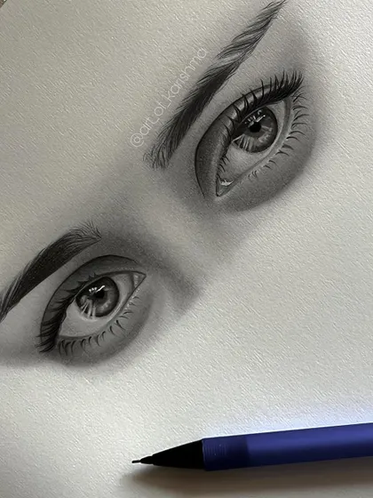 A close up view of the eye sketch, highlighting the individual lashes and the subtle reflections.