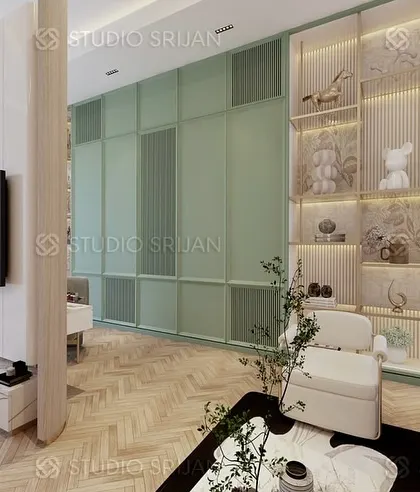 In this Alameda bedroom, the dressing area is defined by a wall of custom-built, mint-green wardrobes with elegant display niches.