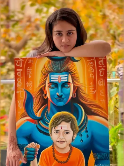 A custom oil painting combining a portrait of a child with the divine presence of Lord Shiva.