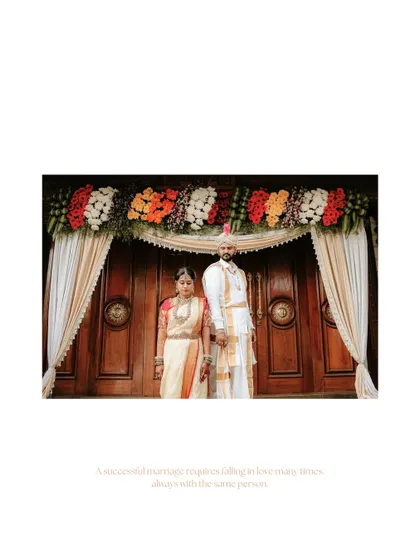 A wide shot of the couple standing before a beautifully decorated doorway, symbolizing the entrance to their new life together.
