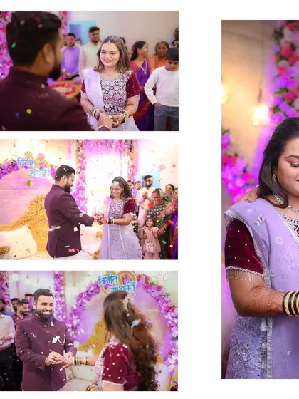 A collage capturing the dynamic moments of the ring ceremony. It shows the exchange, the confetti celebration, and the couple's happy reactions.