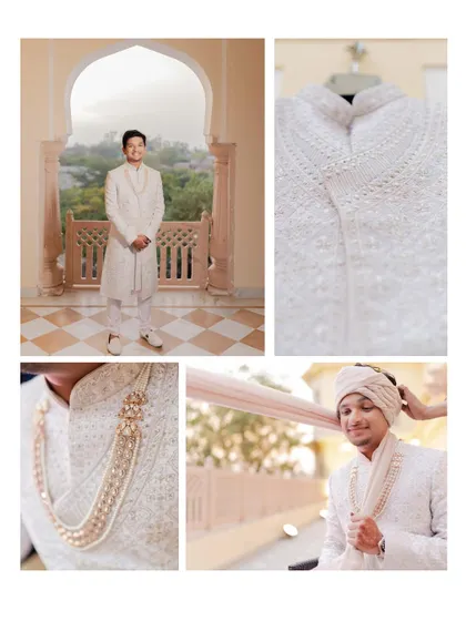 A collage detailing the groom's elegant white wedding attire. From the texture of the fabric to the intricate mala, these shots showcase the fine details of his look.