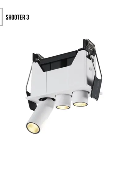 This is the Shooter 3, a more compact version of our multi-directional fixture. It offers the same flexibility as the Shooter 5, allowing you to illuminate in every direction from a single, recessed point.