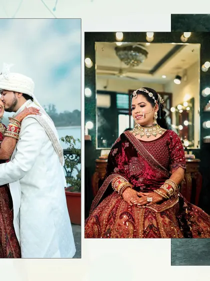 A creative collage of wedding day moments, including a candid kiss, a bridal portrait in the makeup chair, and a shot of the couple together.