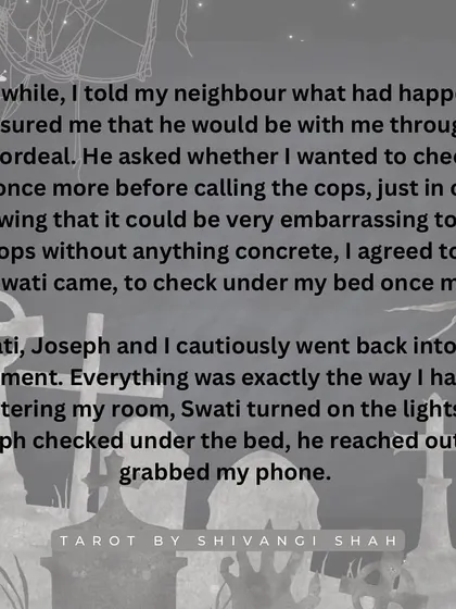 A student living alone feels a cold hand under her bed, only to later find a blurry picture of a pale hand in her phone's gallery.