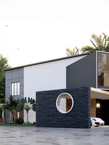 An identical view of the ultra-modern concept home, emphasizing its bold geometric shapes and minimalist color palette.