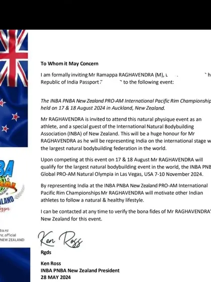 My official invitation letter to compete at the INBA New Zealand PRO-AM International Pacific Rim Championships.