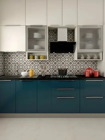 A two-tone straight kitchen with dark blue lower cabinets and white uppers. The frosted glass doors on the upper cabinets add a touch of lightness to the design.