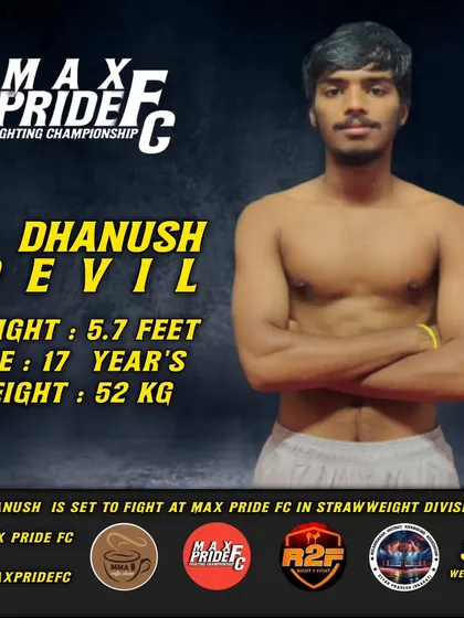 Official fight card for our 17-year-old strawweight fighter, Dhanush, competing at Max Pride FC. We develop talent from a young age.