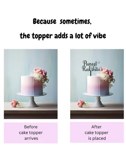 Personalization is key. This before-and-after shows a cake with a custom name topper, making it a unique centerpiece for a wedding or engagement party.