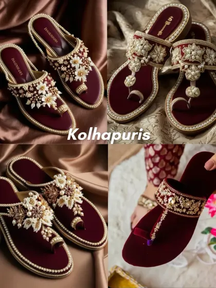 Kolhapuris. These traditional Indian sandals can be beautifully embellished for a bridal look. They are a great choice for mehendi or haldi functions, combining comfort and ethnic style.