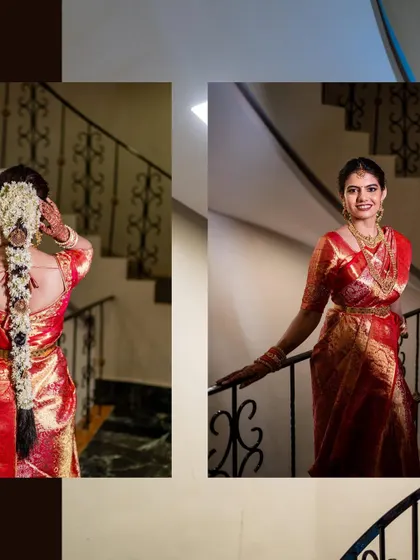 A two-part image showcasing the bride's beautiful traditional hairstyle with fresh flowers and another shot of her elegant pose on the stairs.
