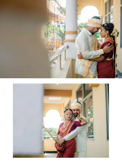 A collage of romantic poses from a couple's post-ceremony photoshoot.