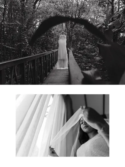 A black and white collage featuring the wedding dress hanging on a wooden bridge and the bride adjusting her veil. It creates a moody, atmospheric preview of the bridal look.