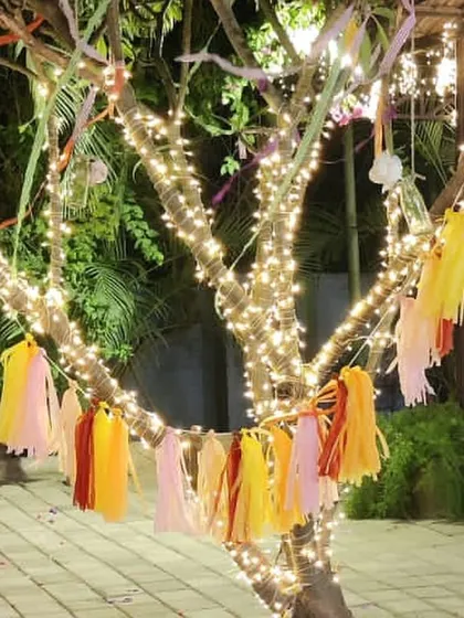 For a Mehendi night, I decorated this tree with fairy lights and colorful paper tassels. This simple touch transformed the outdoor space into a whimsical and festive area for guests to enjoy.