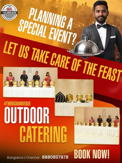 Let us take care of the feast. This graphic highlights our outdoor catering service with images of our elegant buffet setup, perfect for formal events and family functions.