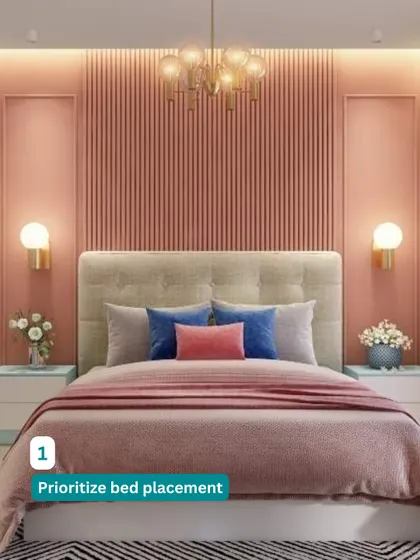 Bed placement is the first step to a great layout. Here, the bed is centered against a beautiful paneled accent wall, creating a balanced and visually pleasing focal point.