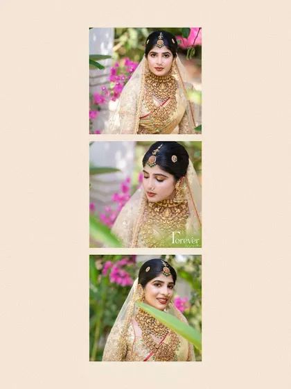 A collage showcasing a classic South Indian bridal updo from different angles, adorned with a traditional maang tikka.