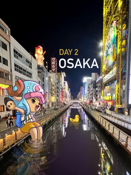 The vibrant Dotonbori area in Osaka at night. I added a doodle of Tony Tony Chopper from 'One Piece' to complete this iconic view.