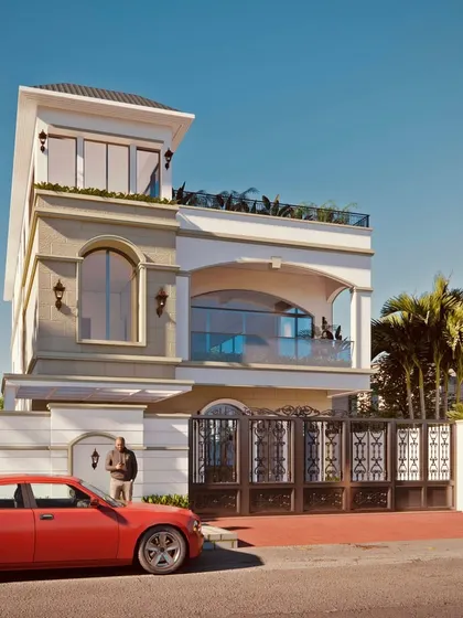 This 40x60 east-facing residence is a fusion of Art Deco and Neo-Classical styles. The design features a prominent arched window, a large arched balcony, and classic wall lamps for a touch of vintage elegance.