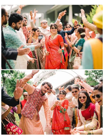 Guests dancing with joy during the baraat, creating an energetic and festive atmosphere.