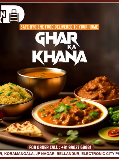 We deliver safe, hygienic, and delicious 'Ghar ka Khana' right to your event or office. This spread features a home-style non-vegetarian curry, fragrant rice, dal, and soft naan, capturing the essence of a comforting, well-cooked meal.