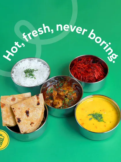 Hot, fresh, never boring. A delicious spread of shrimp curry, dal, rice, and roti, showcasing the variety and quality of my daily tiffins.